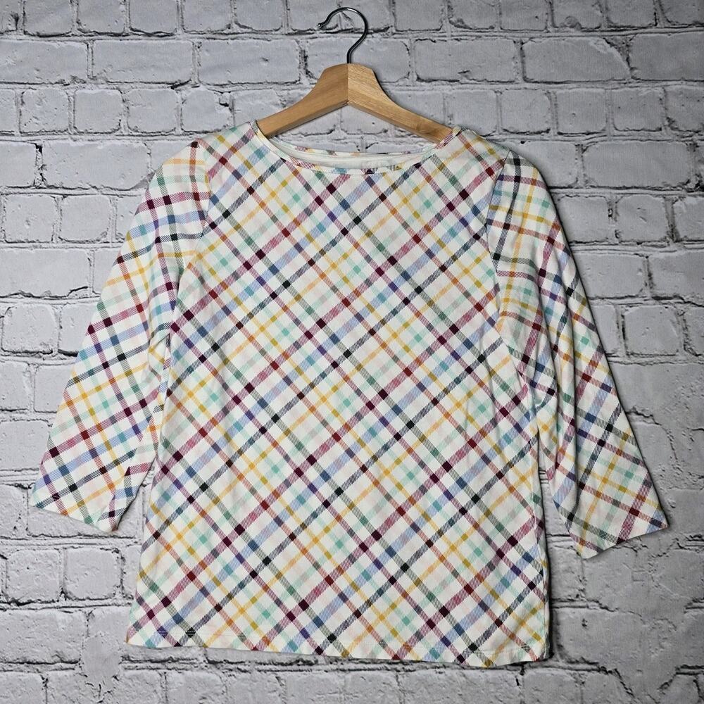 Talbots Cotton Blend Rainbow Plaid Print Boatneck 3/4 Sleeve Top Size‎ MP